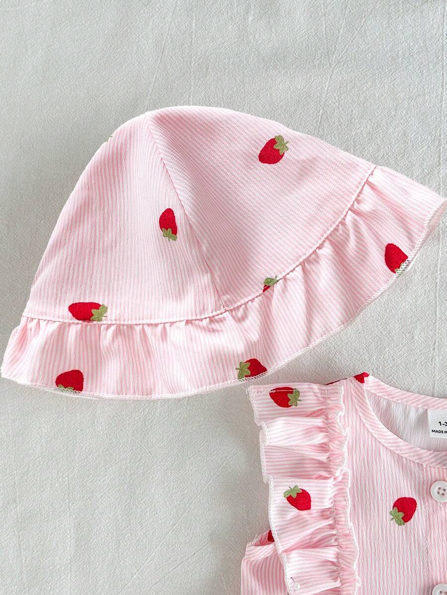 Baby Cherry Print Sleeveless Dress and Red Hat Set for Cute Summer Outings