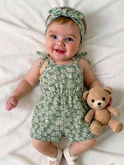 Cute Ditsy Floral Baby Girl Romper Sage Green Summer Outfit