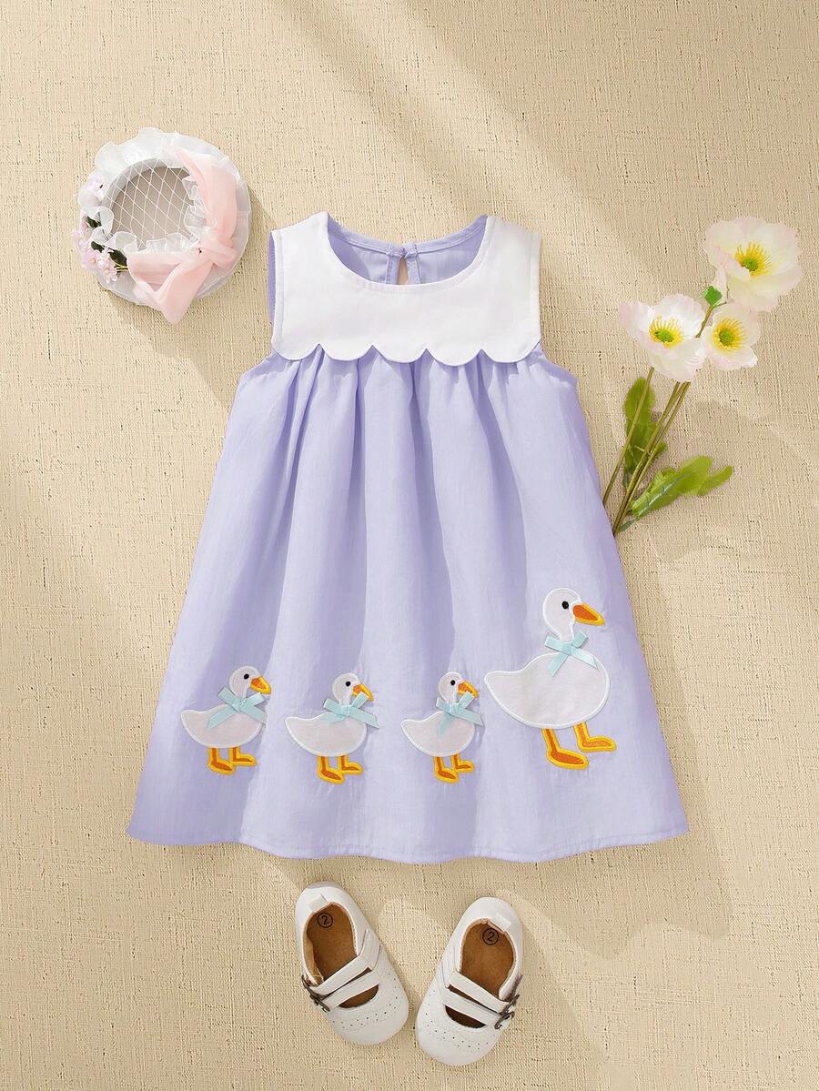 Sleeveless Long Dress with Embroidered Cartoon Duck for Toddler Girls