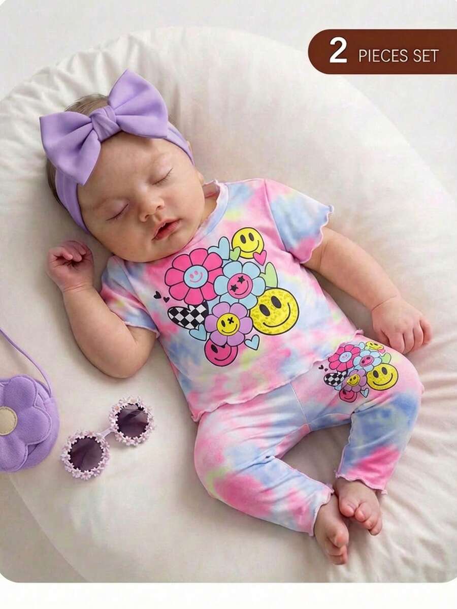 2PCS Baby Daisy Print T-Shirt and Shorts Set for Summer Daily Wear