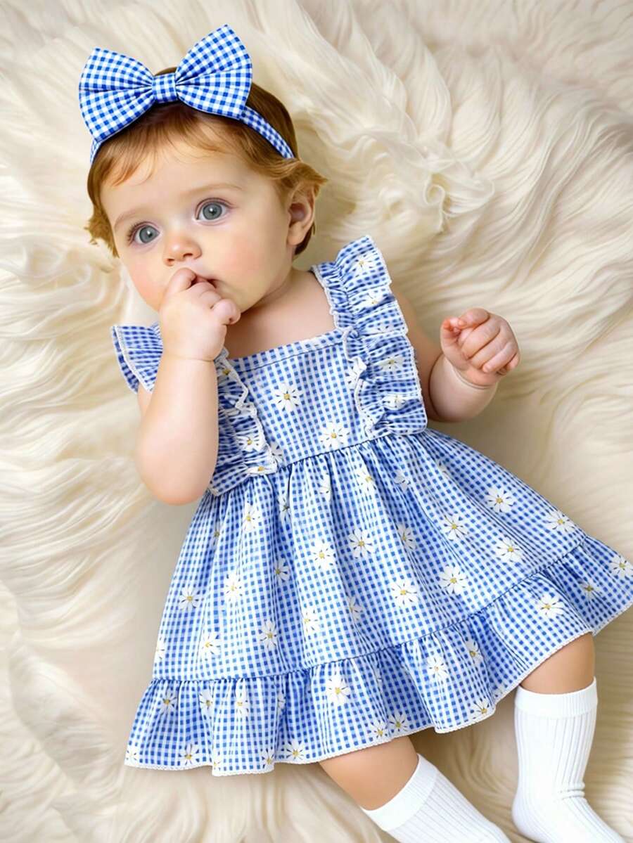 2PCS Baby Strawberry Plaid Dress and Bow Headband Set for Cute Spring and Summer Outings