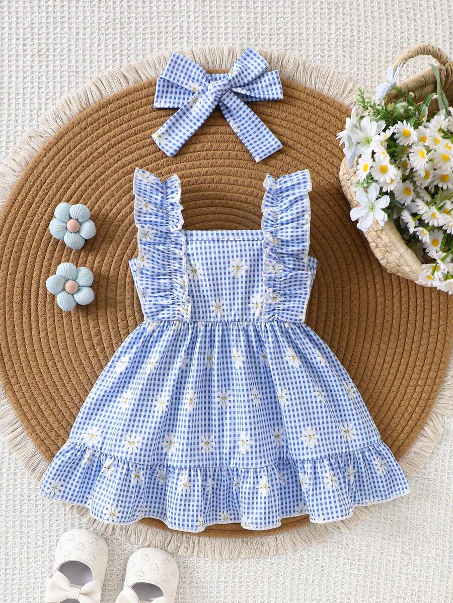 2PCS Baby Strawberry Plaid Dress and Bow Headband Set for Cute Spring and Summer Outings