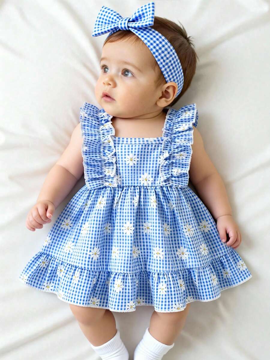 2PCS Baby Strawberry Plaid Dress and Bow Headband Set for Cute Spring and Summer Outings