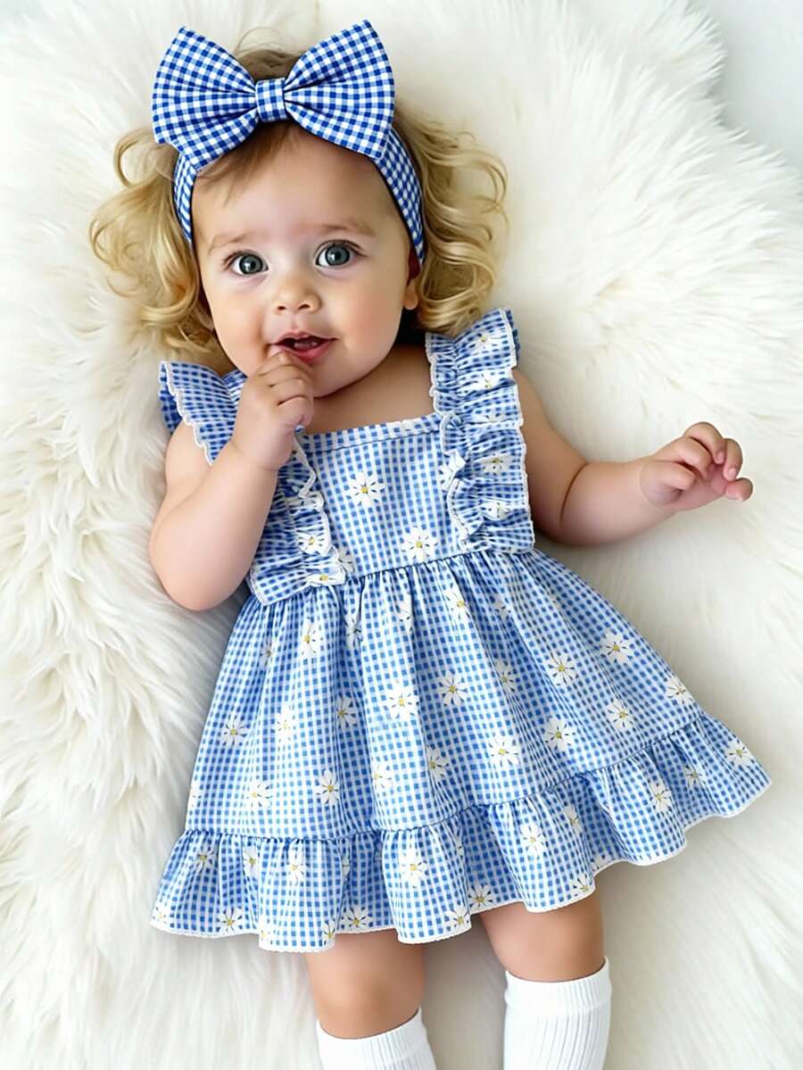 2PCS Baby Strawberry Plaid Dress and Bow Headband Set for Cute Spring and Summer Outings