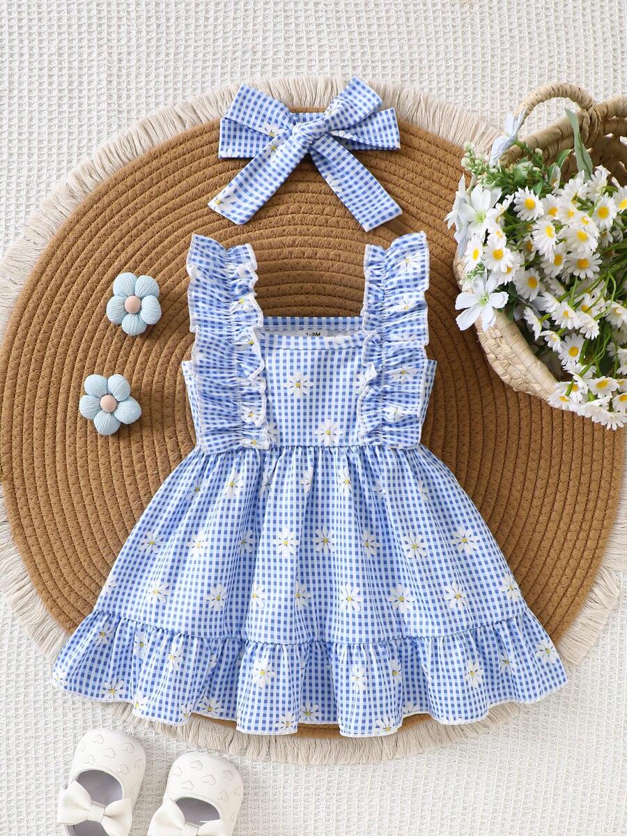 2PCS Baby Strawberry Plaid Dress and Bow Headband Set for Cute Spring and Summer Outings