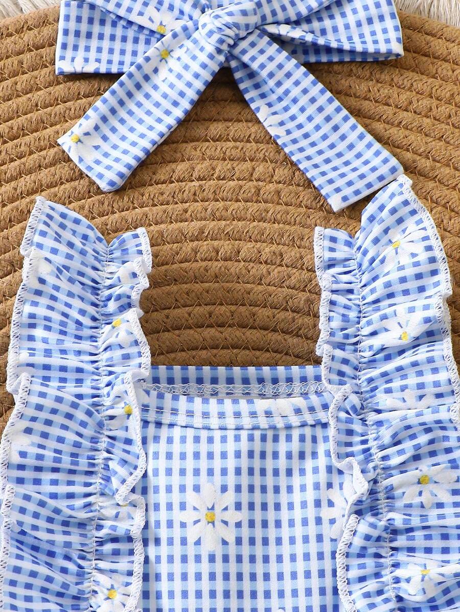 2PCS Baby Strawberry Plaid Dress and Bow Headband Set for Cute Spring and Summer Outings