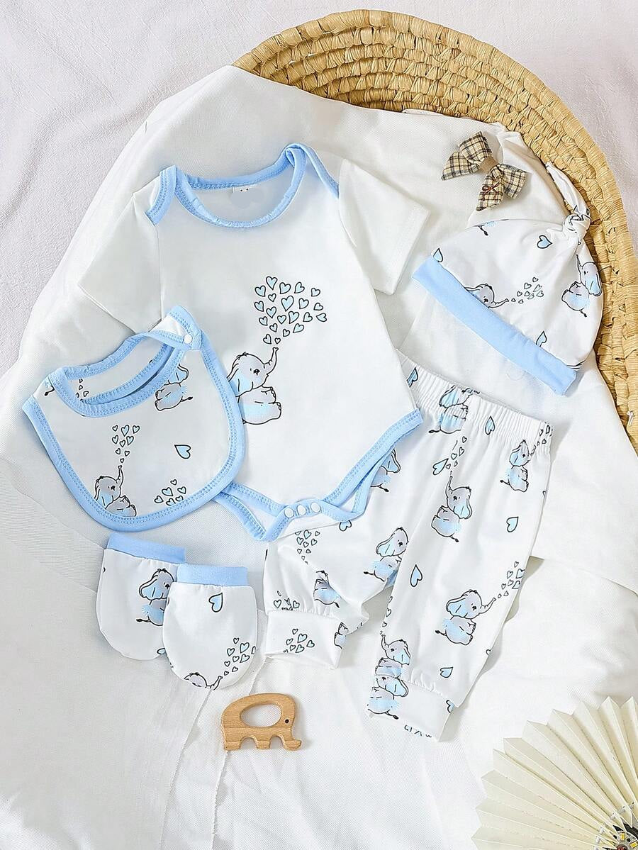 Elephant Print Bodysuit Pants Hat Gloves and Bib Set for Cute Daily Wear