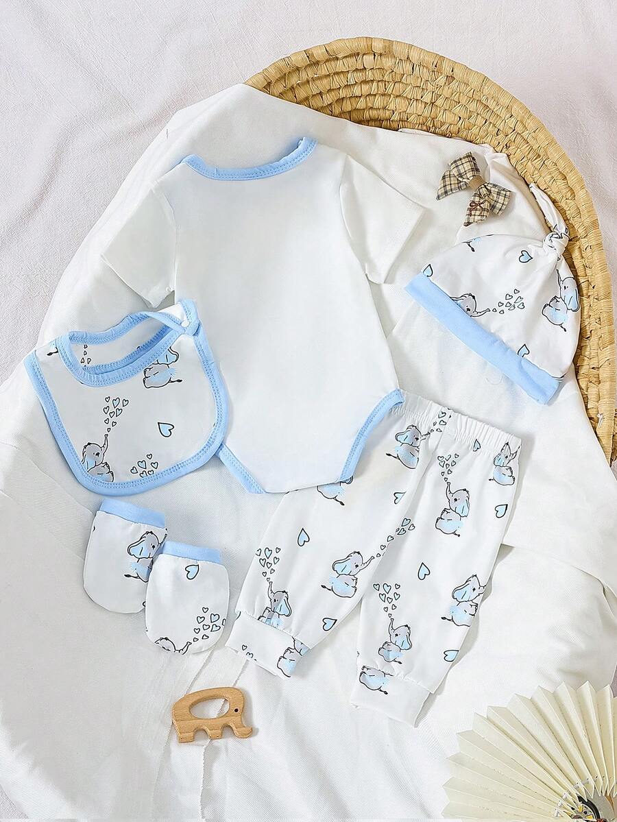 Elephant Print Bodysuit Pants Hat Gloves and Bib Set for Cute Daily Wear