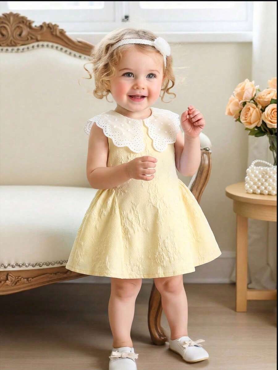 Little Girls Princess Pink Dress With Peter Pan Collar And Lace Detail