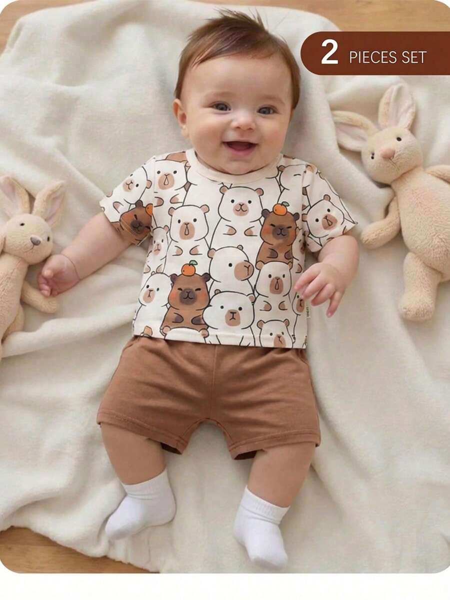 Newborn Boy & Girl Summer Knit Outfit -Cute Cartoon Bear Striped Shirt & Shorts Set