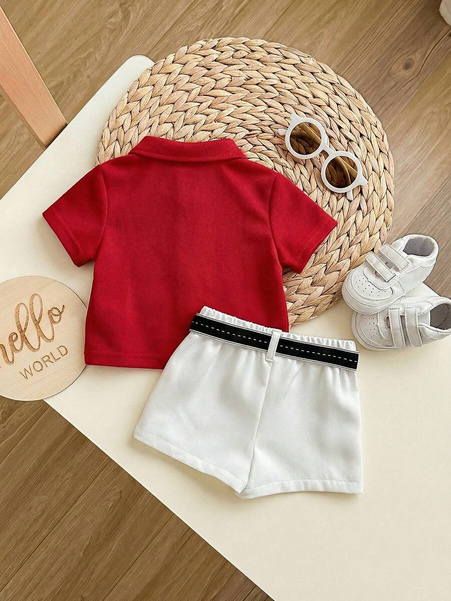 Newborn Baby Boy Cute Collegiate Style Knit Red Short Sleeve Top And Elastic Waist Shorts Set