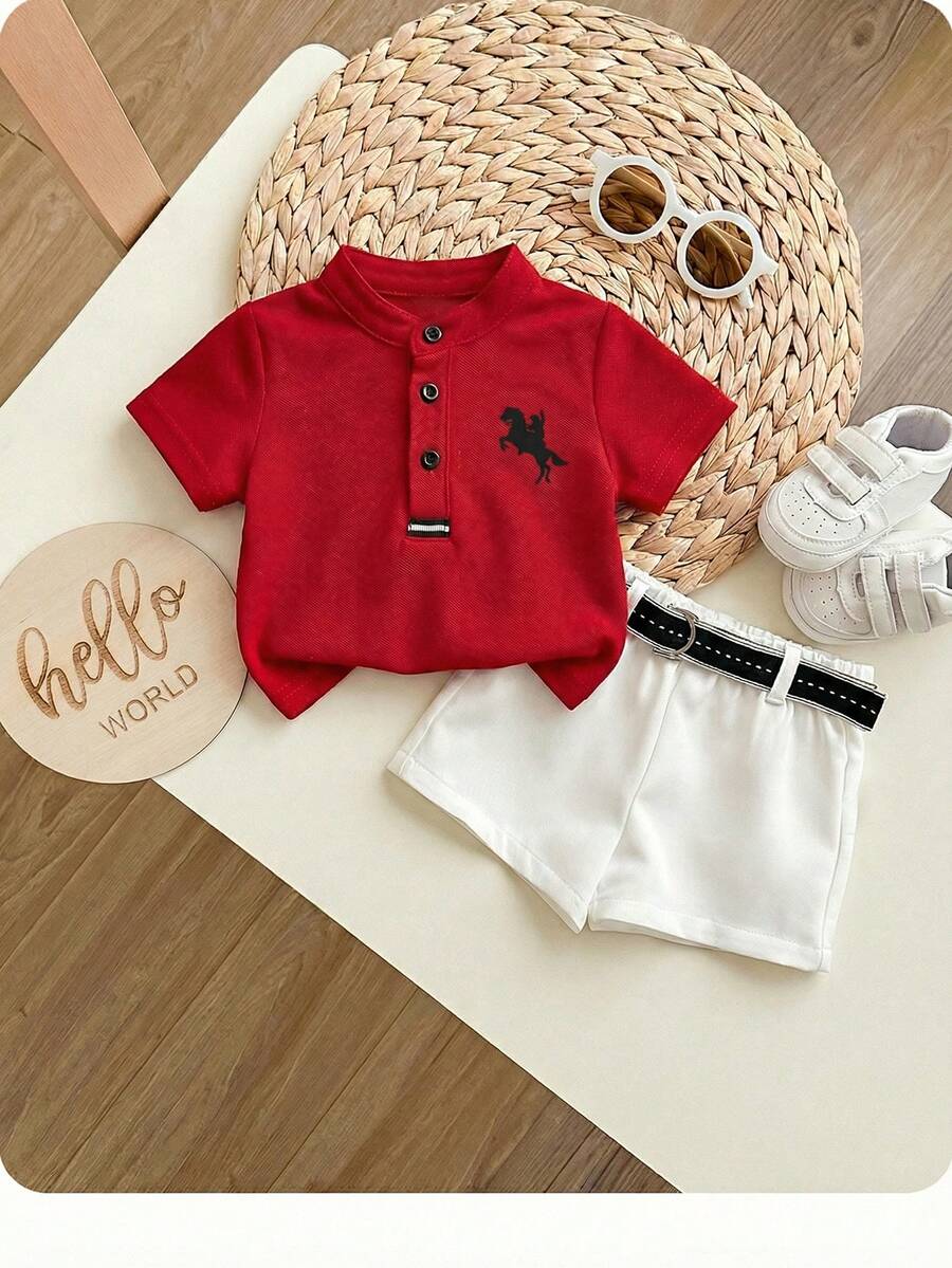 Newborn Baby Boy Cute Collegiate Style Knit Red Short Sleeve Top And Elastic Waist Shorts Set