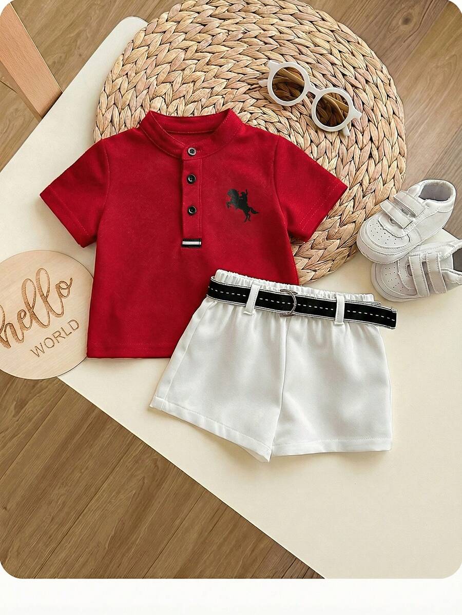 Newborn Baby Boy Cute Collegiate Style Knit Red Short Sleeve Top And Elastic Waist Shorts Set