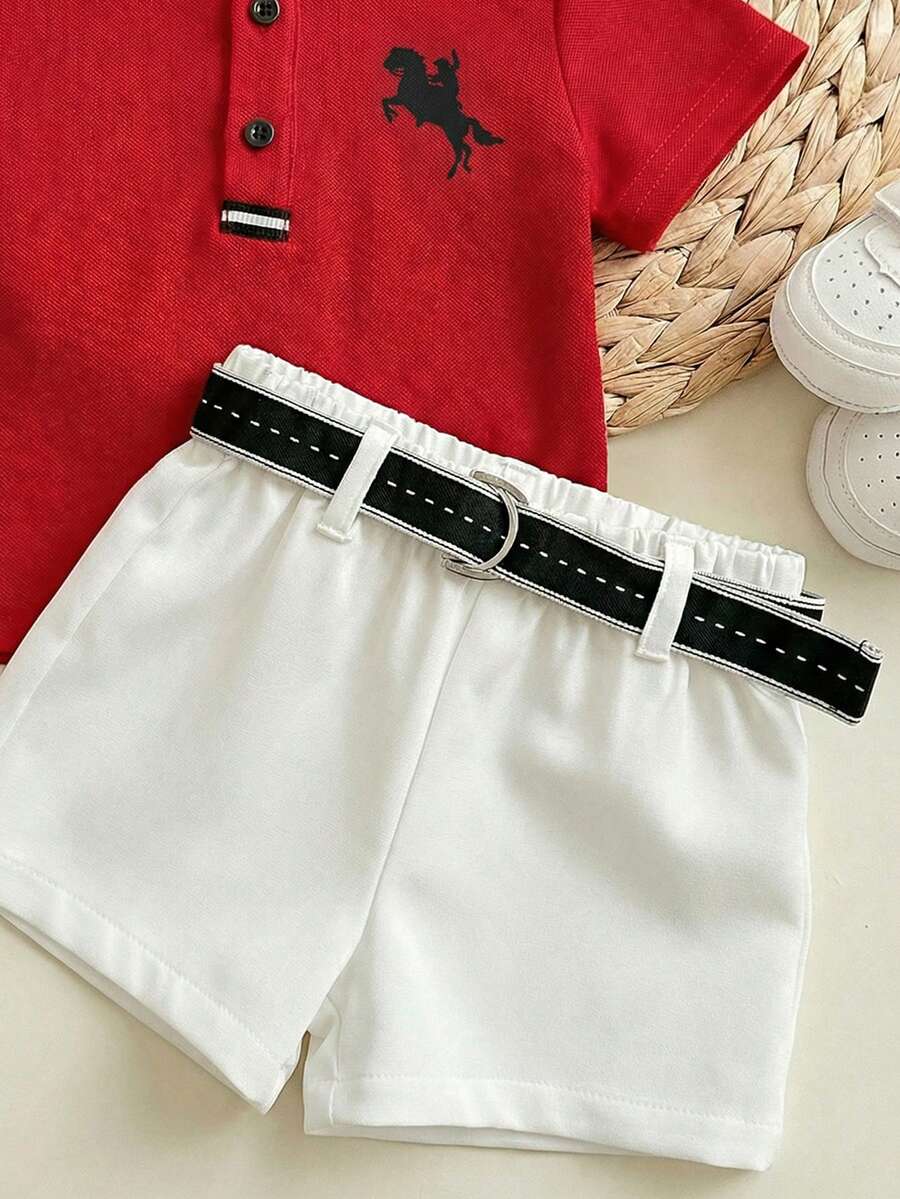 Newborn Baby Boy Cute Collegiate Style Knit Red Short Sleeve Top And Elastic Waist Shorts Set