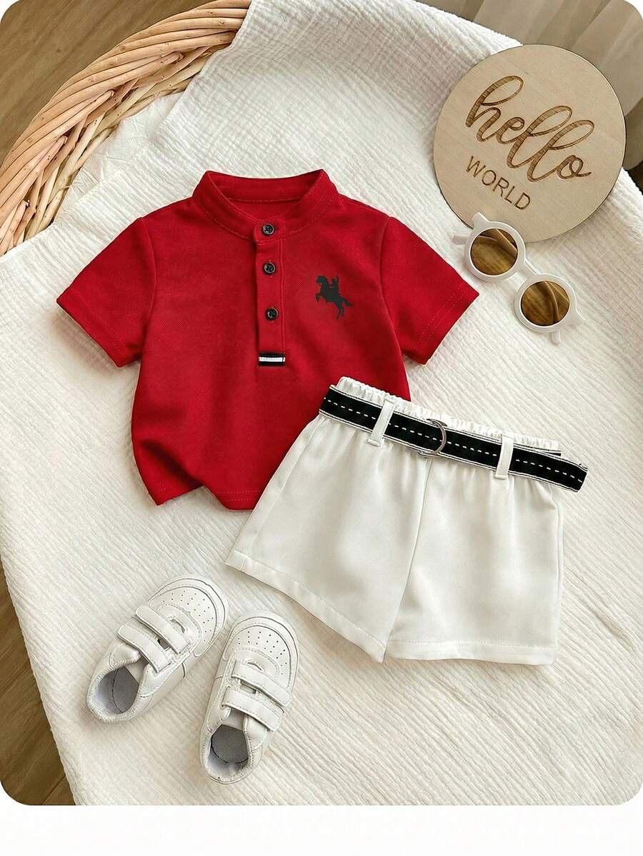 Newborn Baby Boy Cute Collegiate Style Knit Red Short Sleeve Top And Elastic Waist Shorts Set