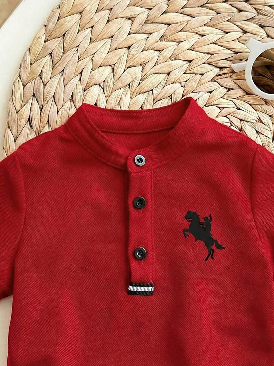 Newborn Baby Boy Cute Collegiate Style Knit Red Short Sleeve Top And Elastic Waist Shorts Set