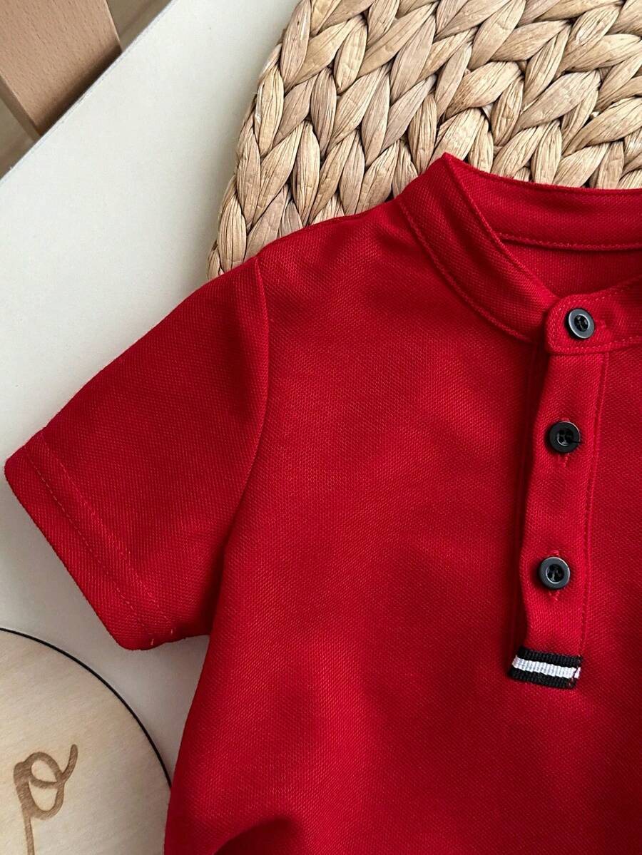 Newborn Baby Boy Cute Collegiate Style Knit Red Short Sleeve Top And Elastic Waist Shorts Set