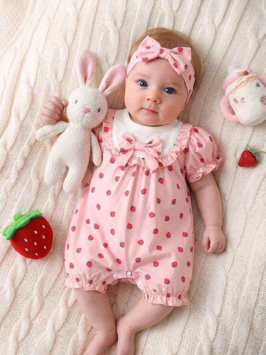 Baby Embroidered Bubble Sleeve Jumpsuit Shorts for Cute Summer Daily Wear