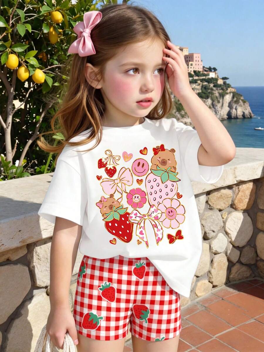 Lemon Fruit & Letter Print Short Sleeve Top and Shorts Set for Baby Girls