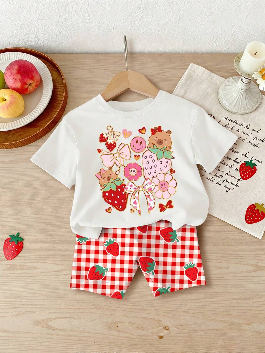 Lemon Fruit & Letter Print Short Sleeve Top and Shorts Set for Baby Girls