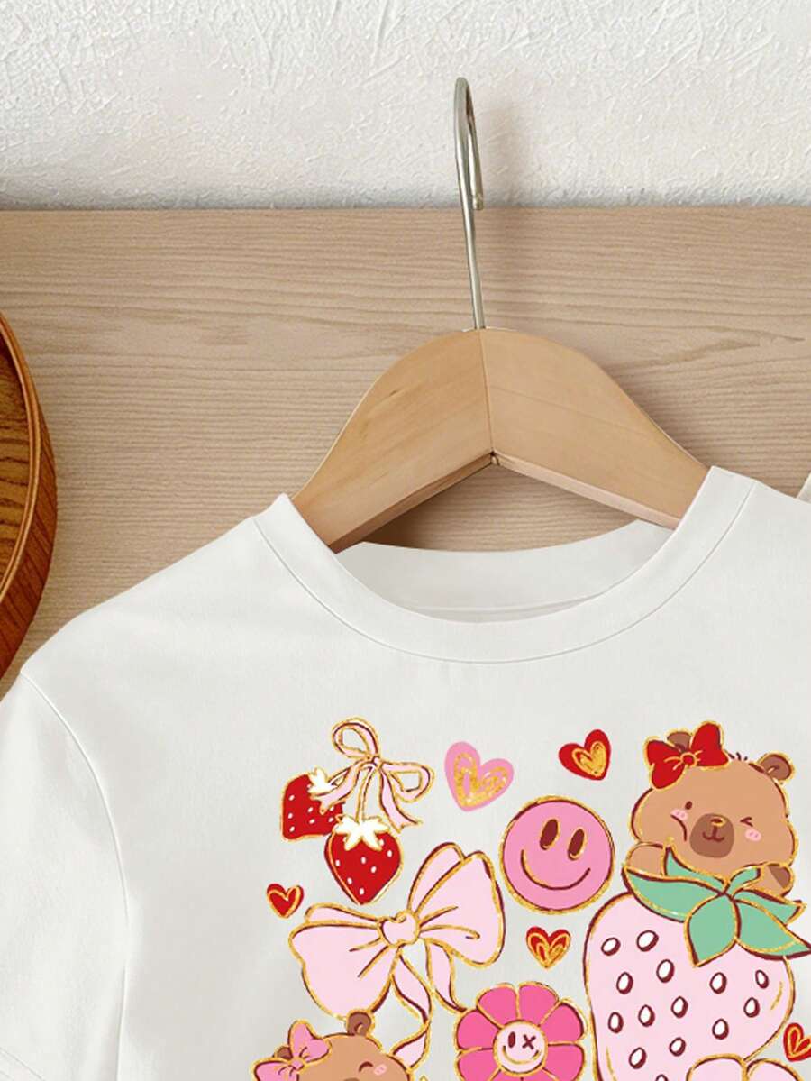 Lemon Fruit & Letter Print Short Sleeve Top and Shorts Set for Baby Girls