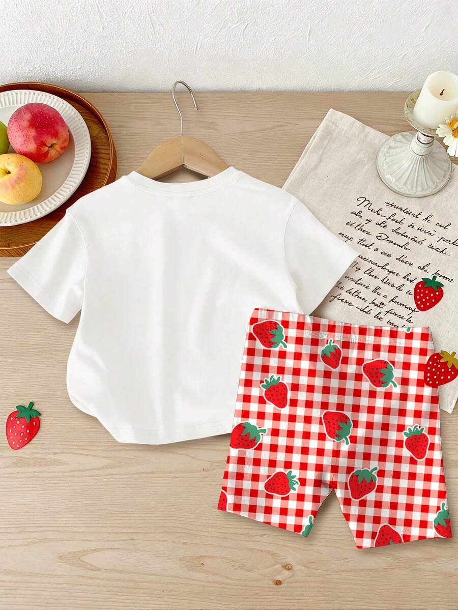 Lemon Fruit & Letter Print Short Sleeve Top and Shorts Set for Baby Girls