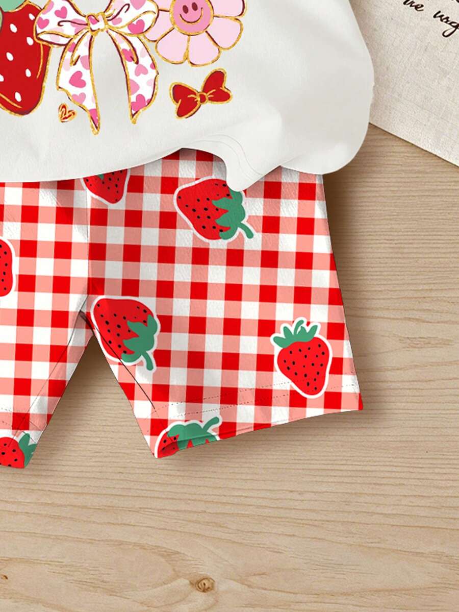 Lemon Fruit & Letter Print Short Sleeve Top and Shorts Set for Baby Girls
