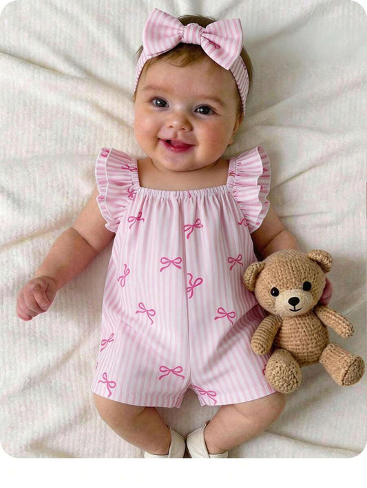 Baby Pink and White Striped Bow Romper for Cute Summer Daily Wear
