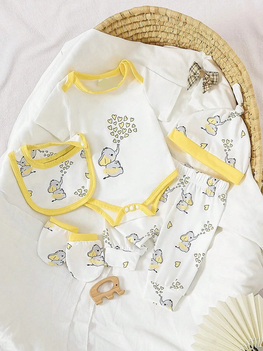 Elephant Print Bodysuit Pants Hat Gloves and Bib Set for Cute Daily Wear
