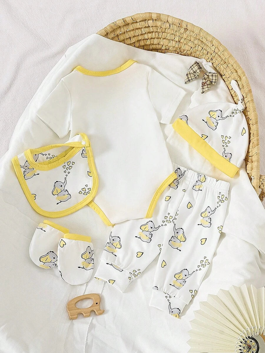 Elephant Print Bodysuit Pants Hat Gloves and Bib Set for Cute Daily Wear