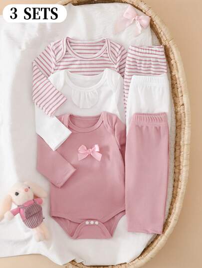 2PCS Baby Bow Decor Bodysuit and Pants Set for Cute Daily Wear