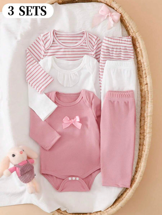 2PCS Baby Bow Decor Bodysuit and Pants Set for Cute Daily Wear