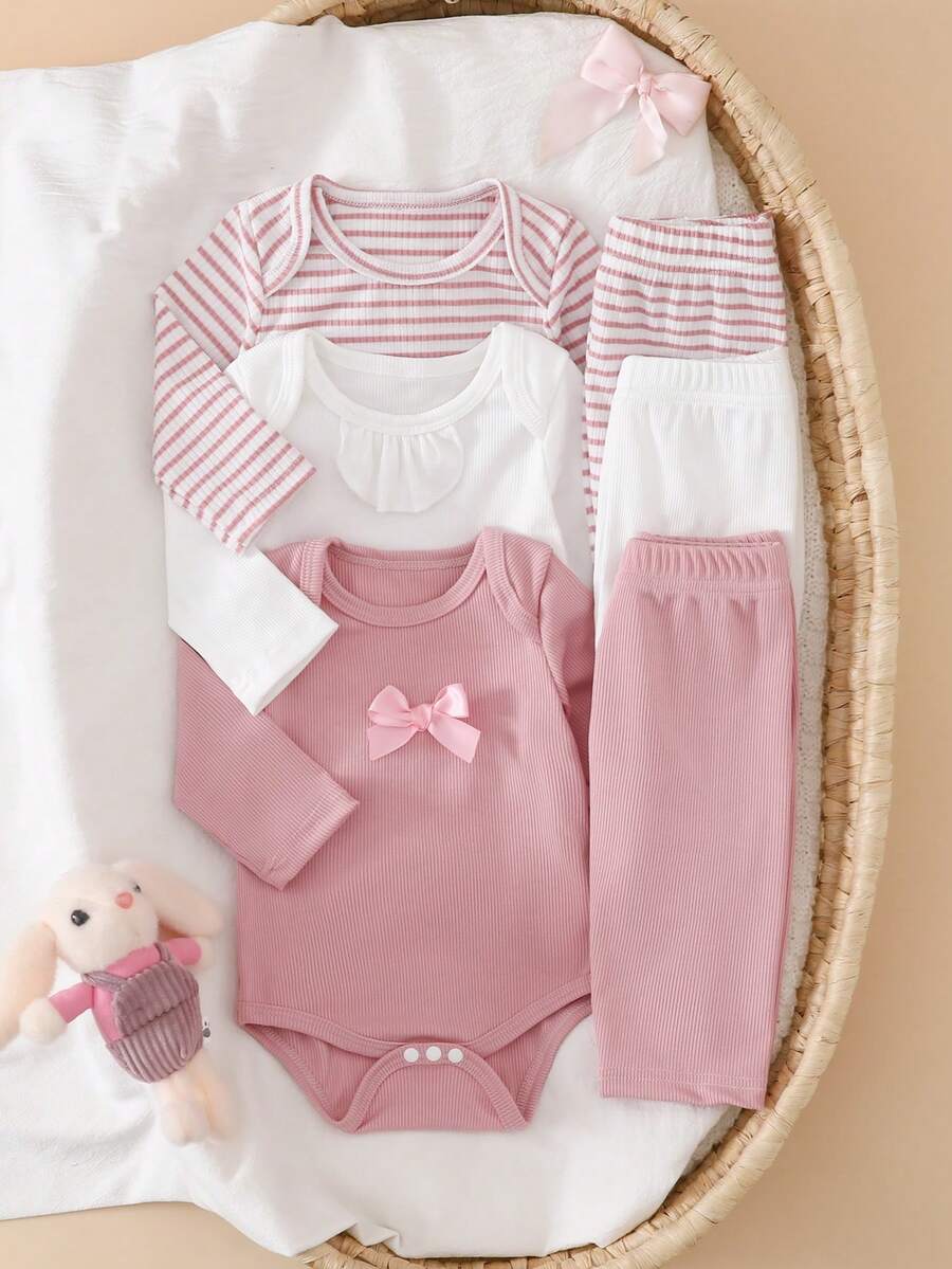 2PCS Baby Bow Decor Bodysuit and Pants Set for Cute Daily Wear