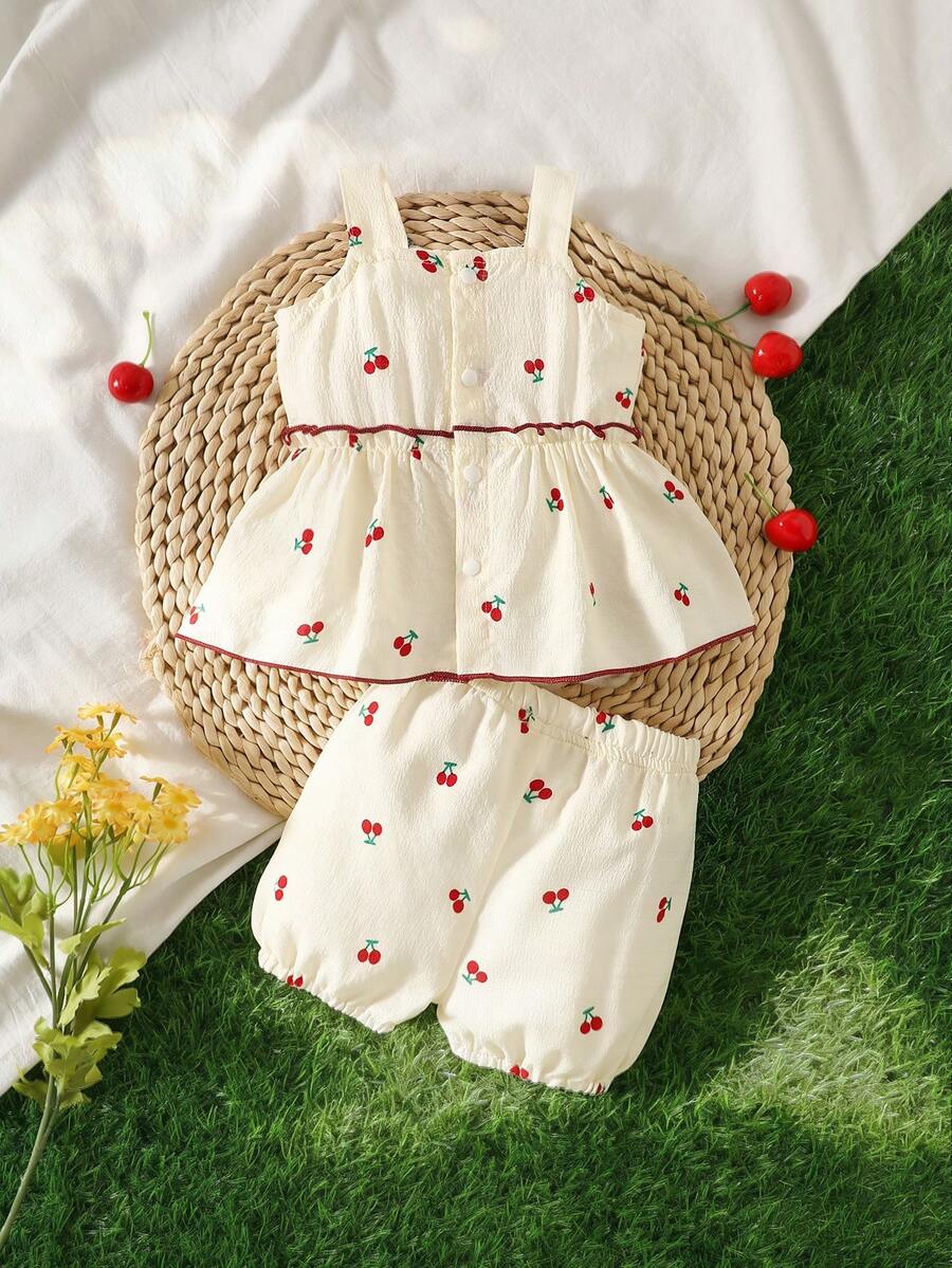 Baby Girl Cherry Embroidered Tank Top and Shorts Set for Summer Wear