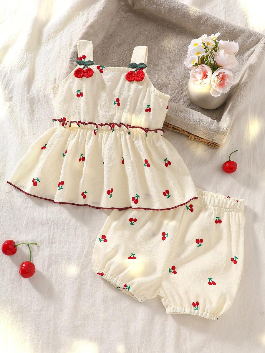 Baby Girl Cherry Embroidered Tank Top and Shorts Set for Summer Wear