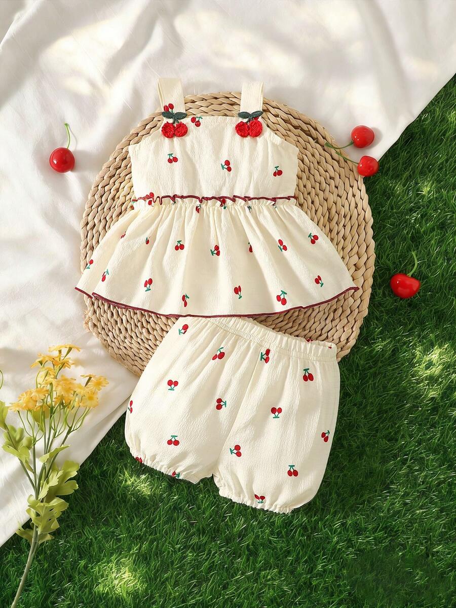 Baby Girl Cherry Embroidered Tank Top and Shorts Set for Summer Wear