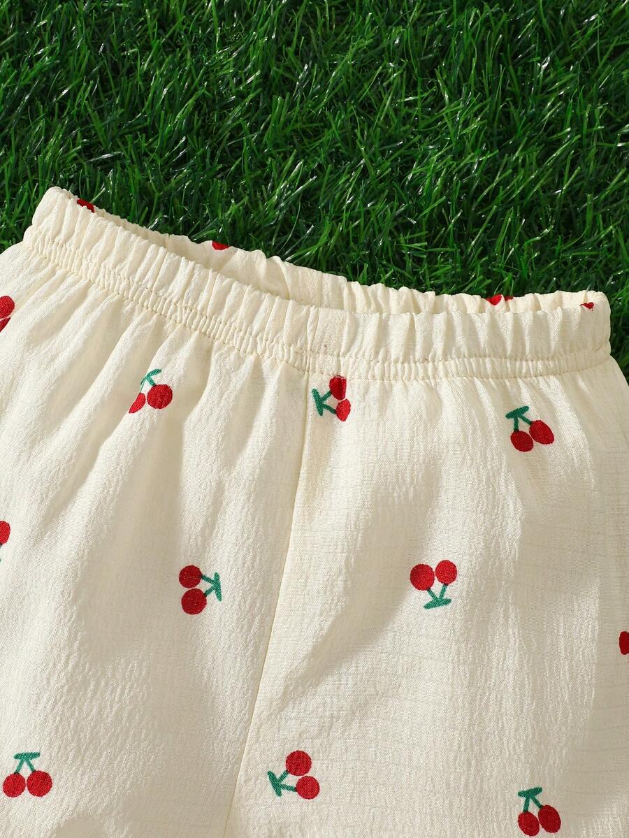 Baby Girl Cherry Embroidered Tank Top and Shorts Set for Summer Wear