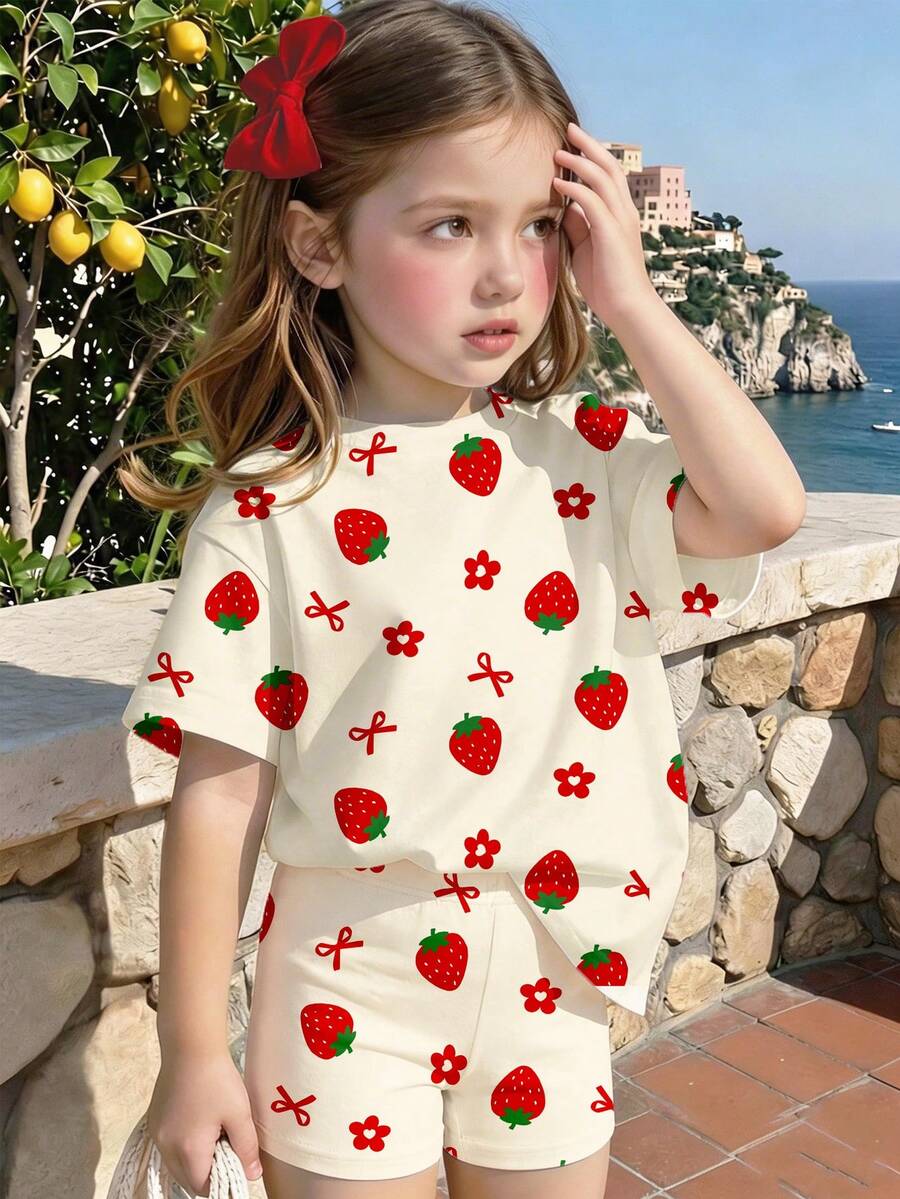 Lemon Fruit & Letter Print Short Sleeve Top and Shorts Set for Baby Girls