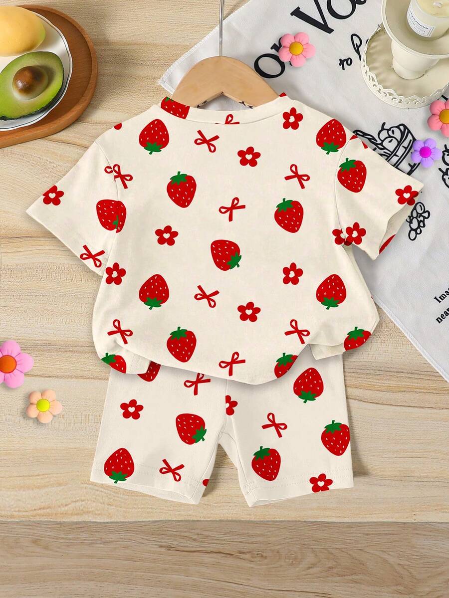 Lemon Fruit & Letter Print Short Sleeve Top and Shorts Set for Baby Girls