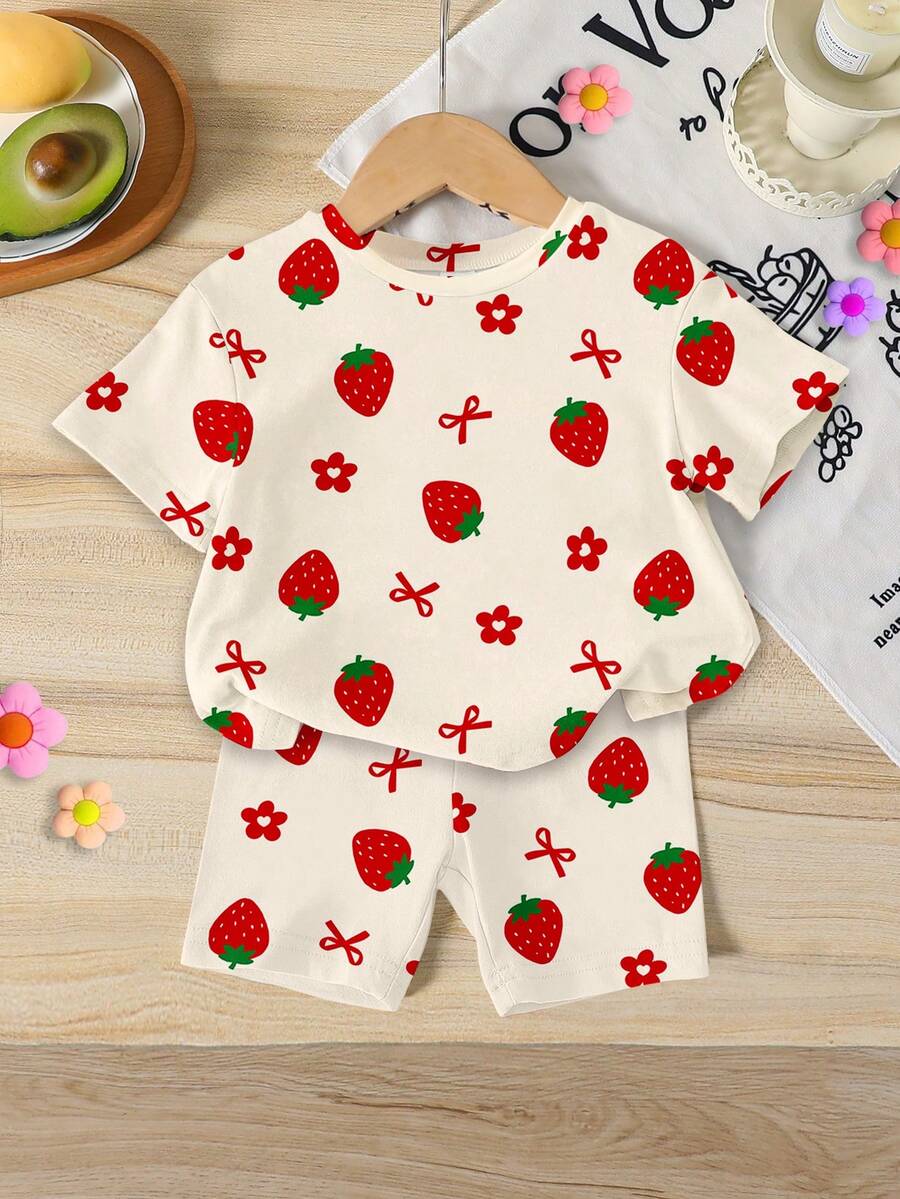 Lemon Fruit & Letter Print Short Sleeve Top and Shorts Set for Baby Girls