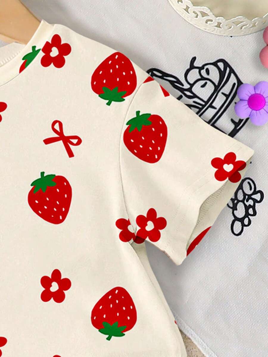 Lemon Fruit & Letter Print Short Sleeve Top and Shorts Set for Baby Girls