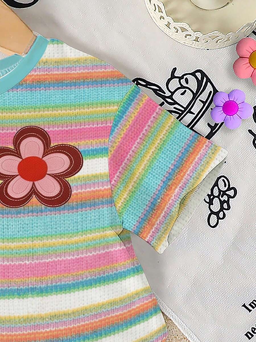 Lemon Fruit & Letter Print Short Sleeve Top and Shorts Set for Baby Girls