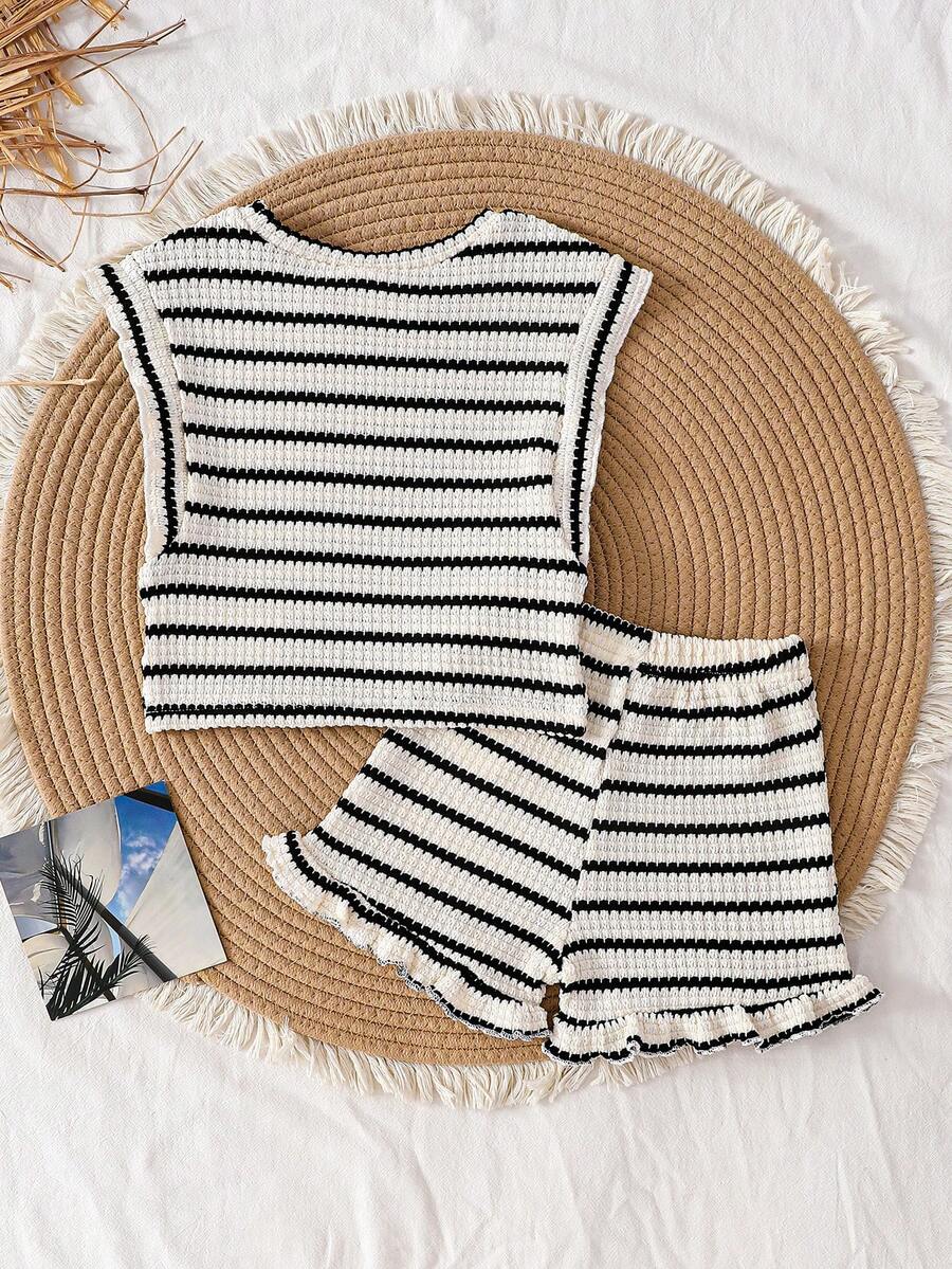 Baby Girl Black & White Striped Ruffle Sleeve T-Shirt & Shorts Set