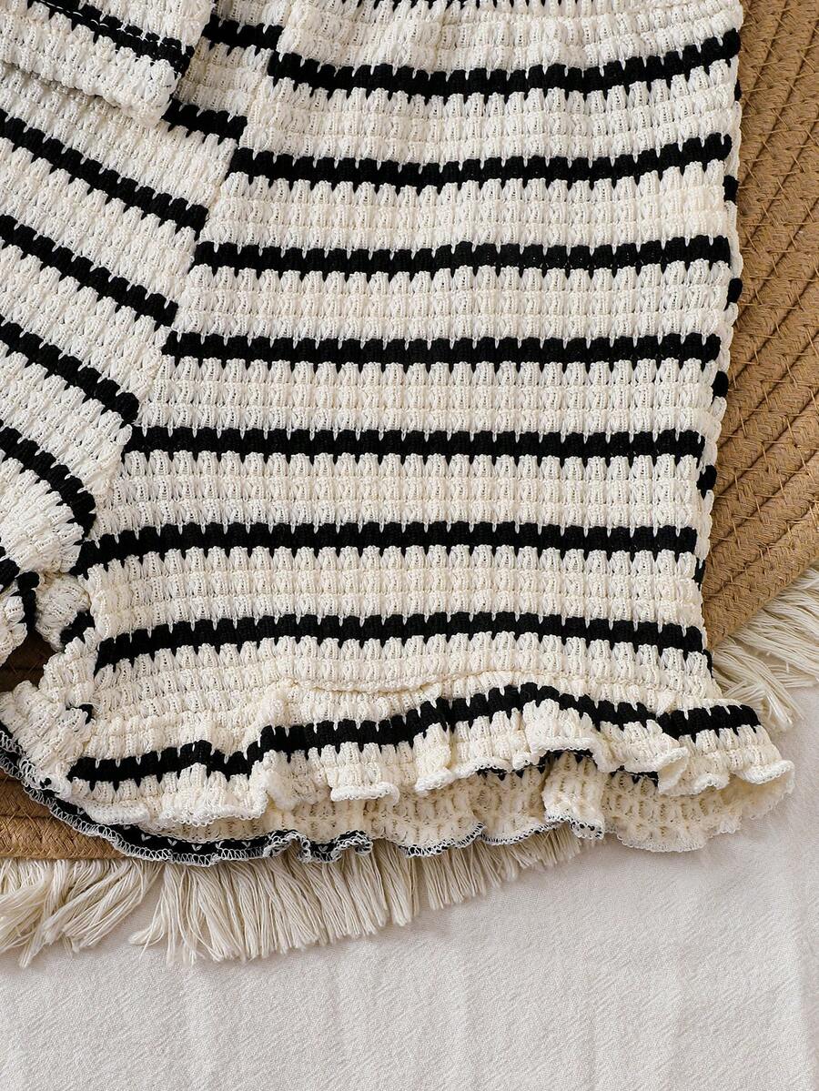 Baby Girl Black & White Striped Ruffle Sleeve T-Shirt & Shorts Set
