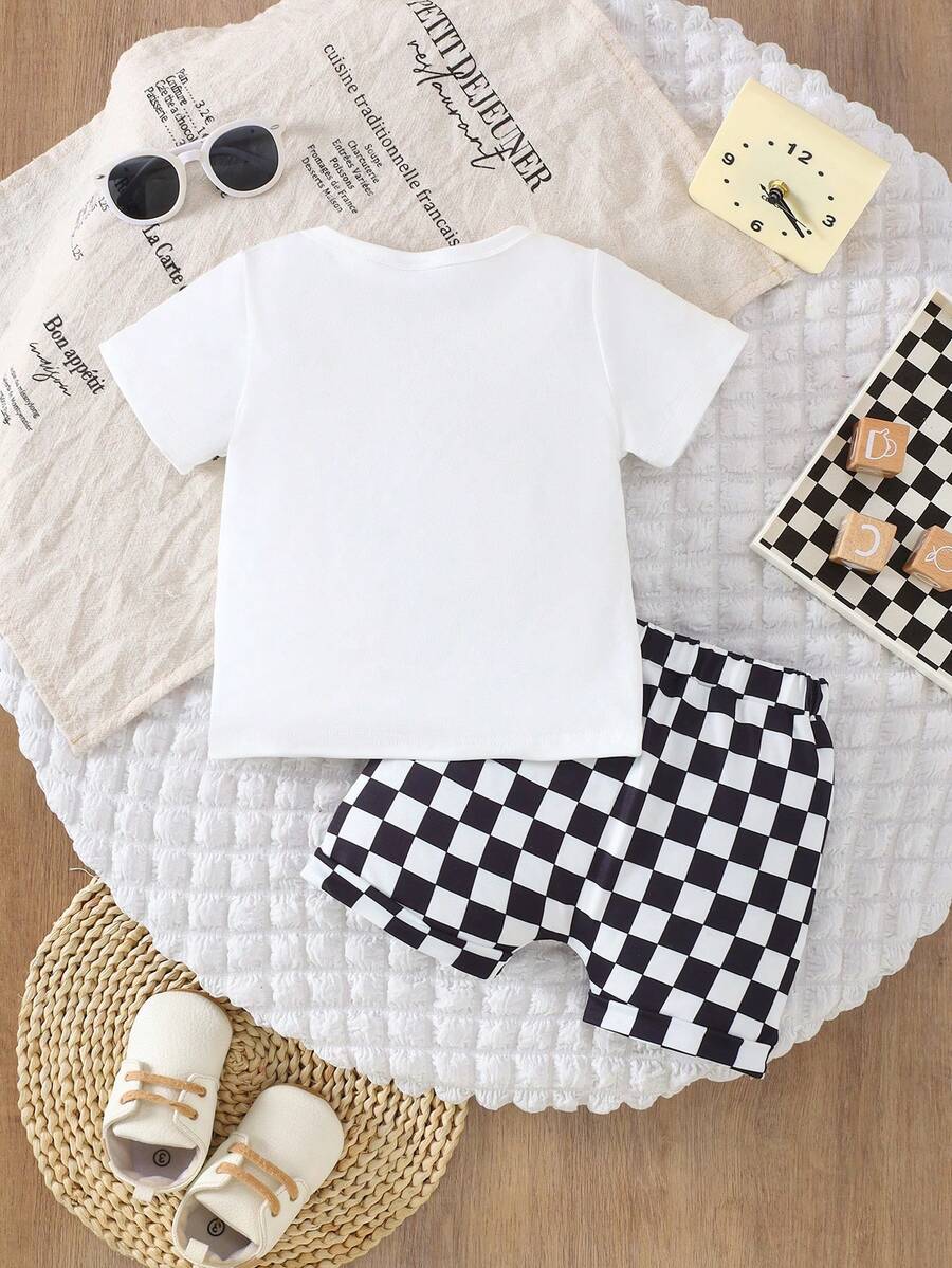Simple Fashionable Baby Boy Summer Outfit: Pocket Tee and Plaid Shorts
