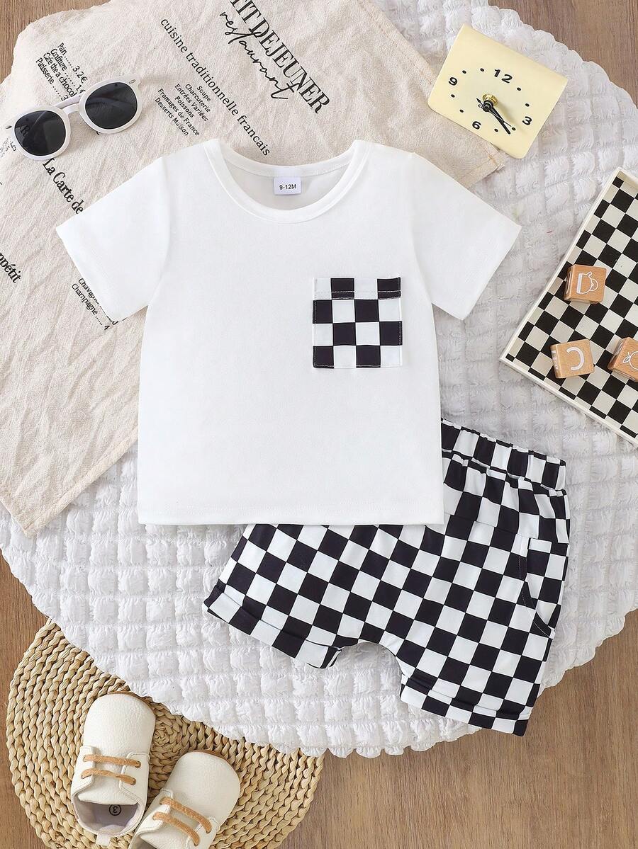 Simple Fashionable Baby Boy Summer Outfit: Pocket Tee and Plaid Shorts
