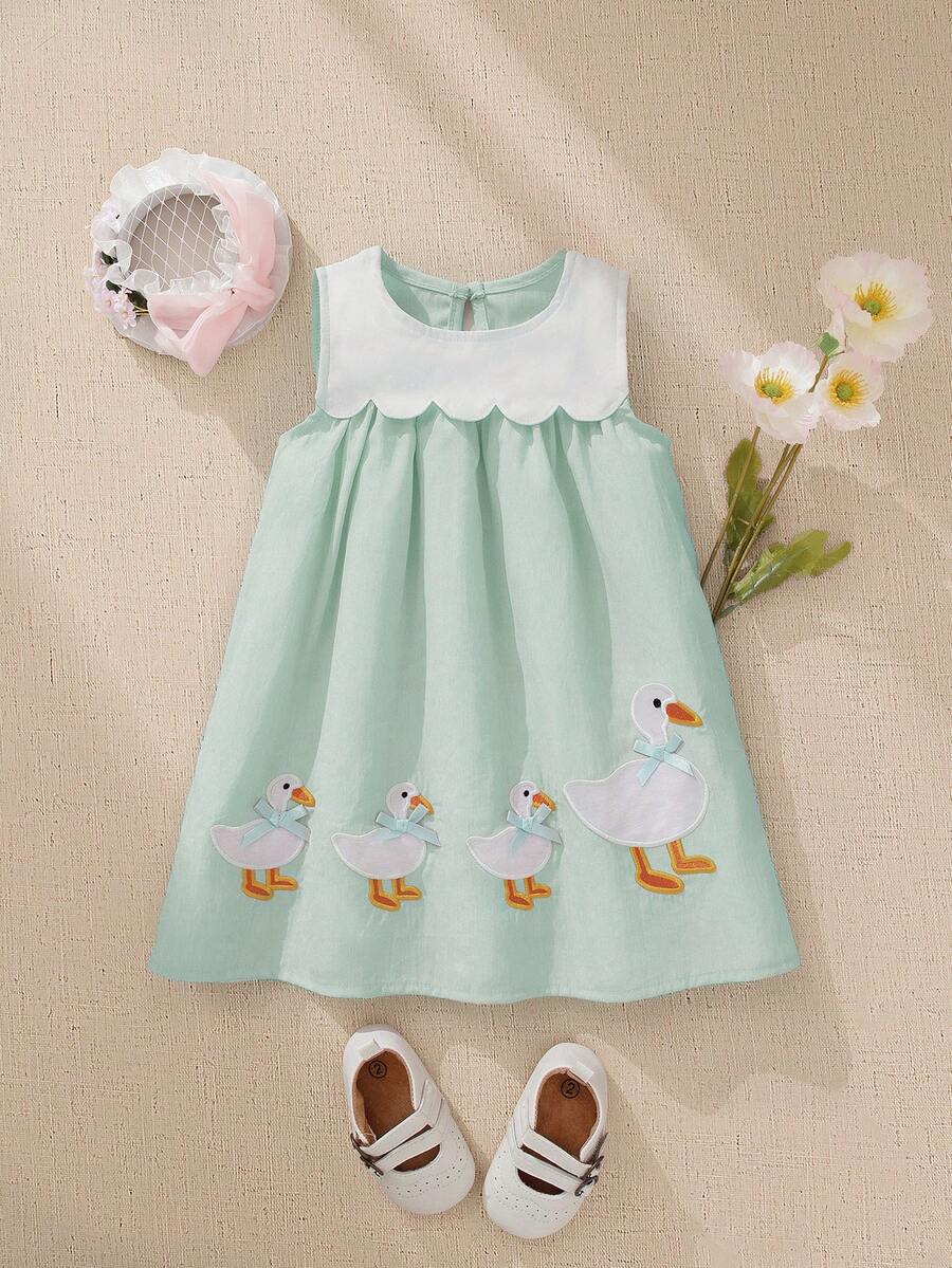 Sleeveless Long Dress with Embroidered Cartoon Duck for Toddler Girls