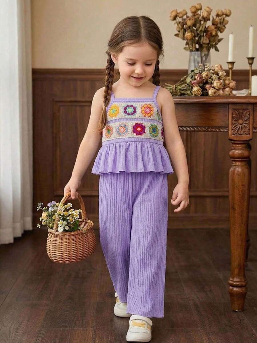 Delicate Strap Top And Solid Pants Set For Toddler Girls Casual Outfit