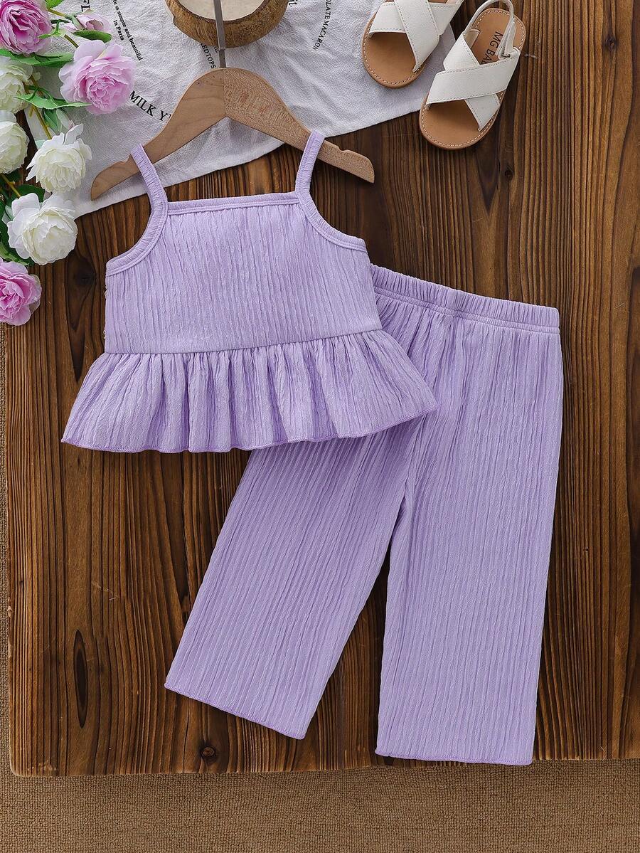 Delicate Strap Top And Solid Pants Set For Toddler Girls Casual Outfit