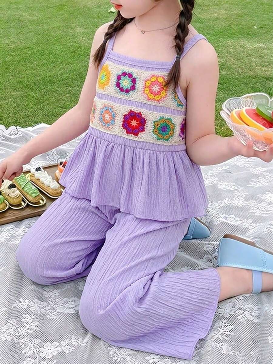 Delicate Strap Top And Solid Pants Set For Toddler Girls Casual Outfit
